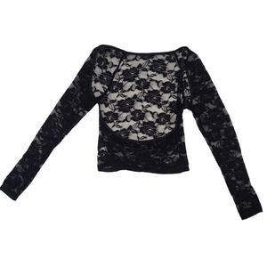 Black Sheer Floral Lace Open Back Long Sleeve Top‎ Stretch Women Medium Goth Y2K